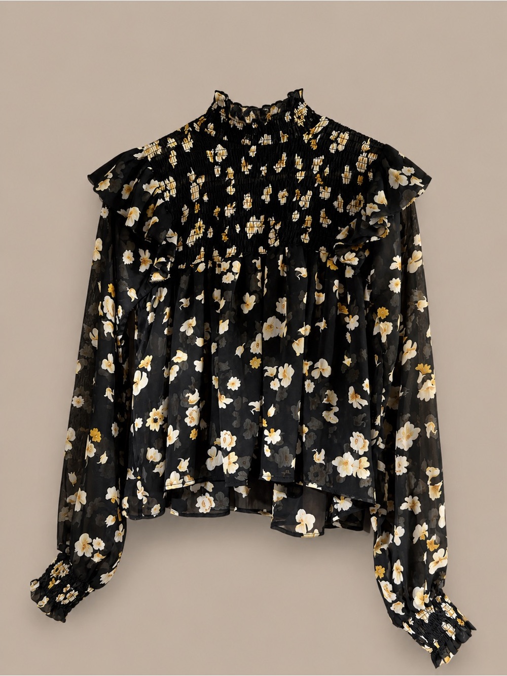 Black Floral Smocked Ruffle High-Neck Blouse with Gold Accents